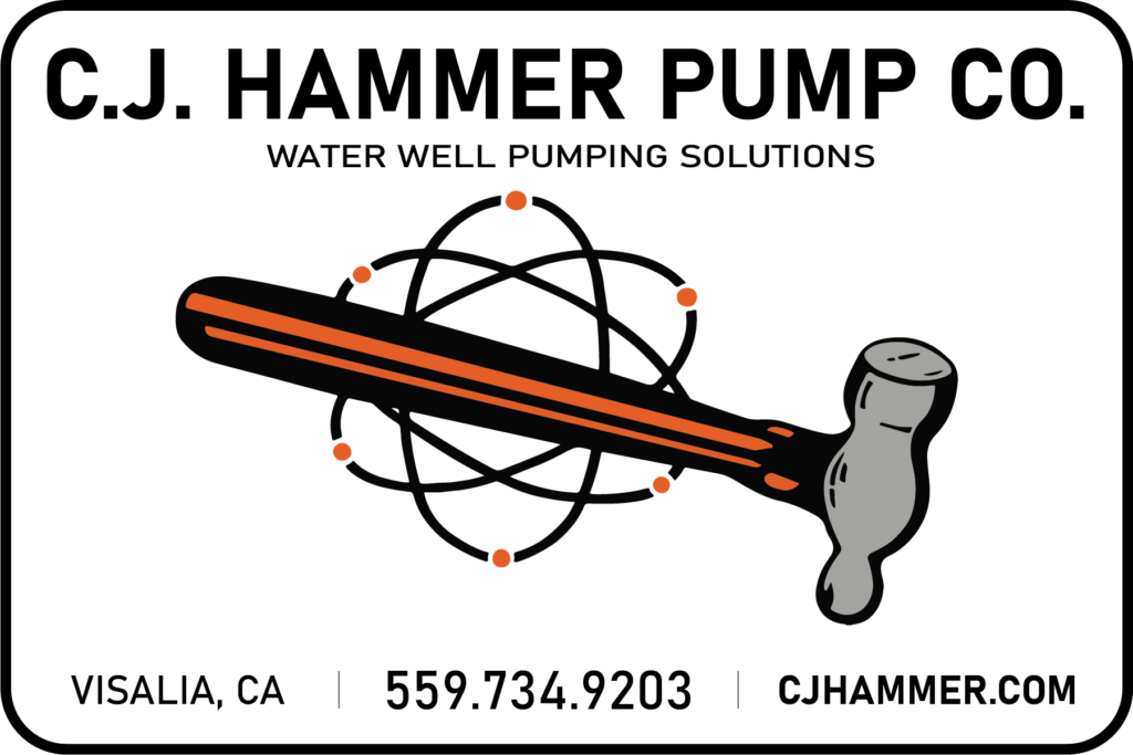 A graphic like a business card that reads "C.J. Hammer Pump Co. Water Pumping Solutions. Visalia, CA." It includes the logo image of a ball-peen hammer with an illustration that resembles an atomic model - three overlapping ovals with dots at the top and bottom of each. Below the image is contact information: the phone number is (559) 734-9203 and the website is cjhammer.com.